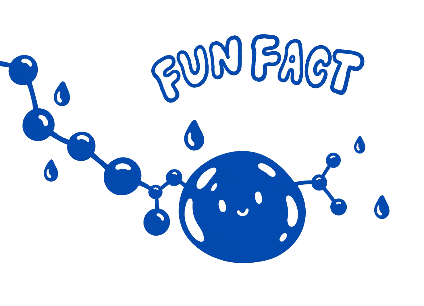 Hand-drawn blue molecule and droplet illustration with FUN FACT lettering